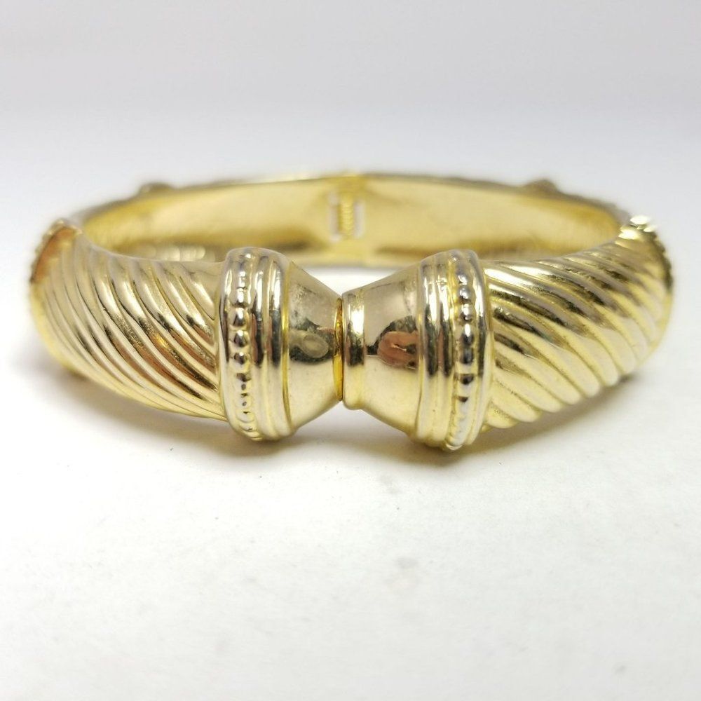 Vintage Gold Tone Hinged Bangle Bracelet Unique Spiral Design, Stacking Estate